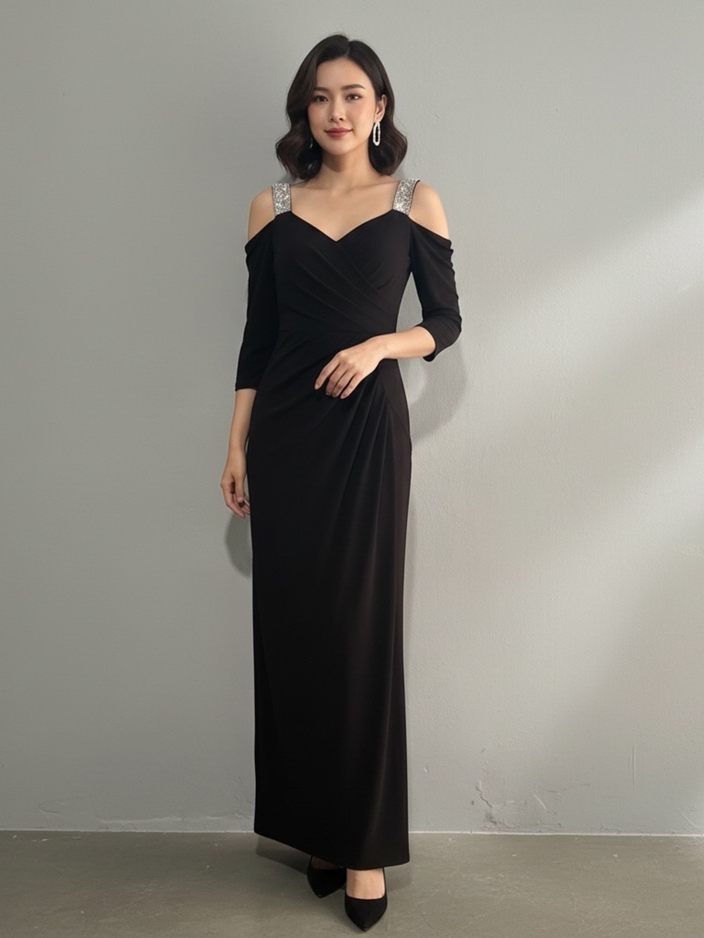 R&M Richards Black Cold-Shoulder Maxi Dress with Embellished Straps